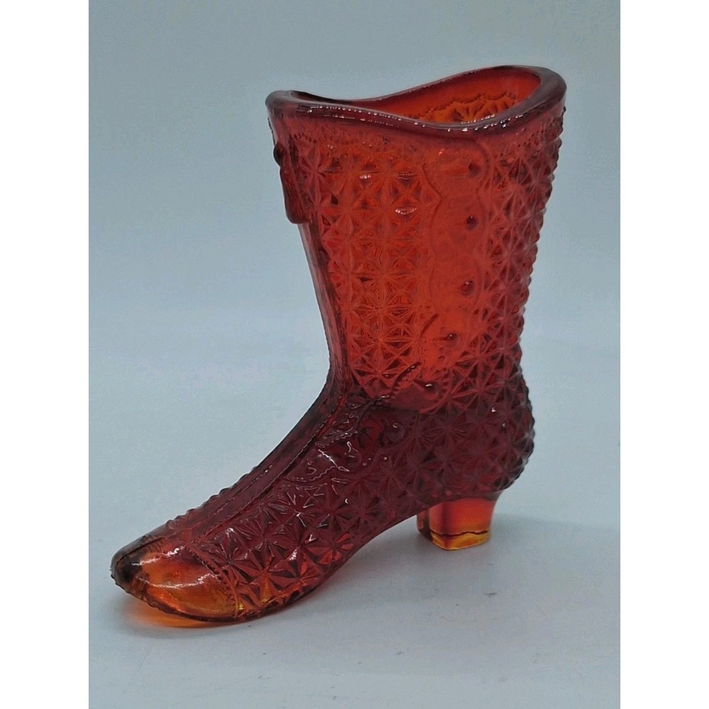 Vintage Mosser Amberina Daisy & Button Glass Boot Shoe Tassel Glows 1970's